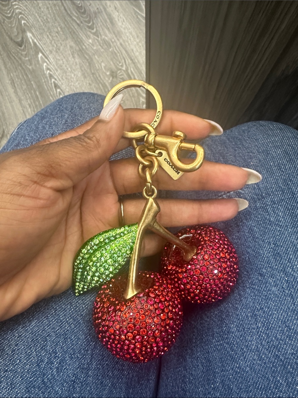 Coach Red Crystal Cherry Charm Keyring with Green Leaf